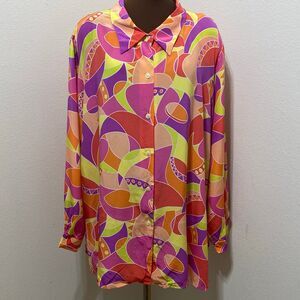Silk Lore Geometric Pattern Button Up Silk Blouse Women's Size 2 XL